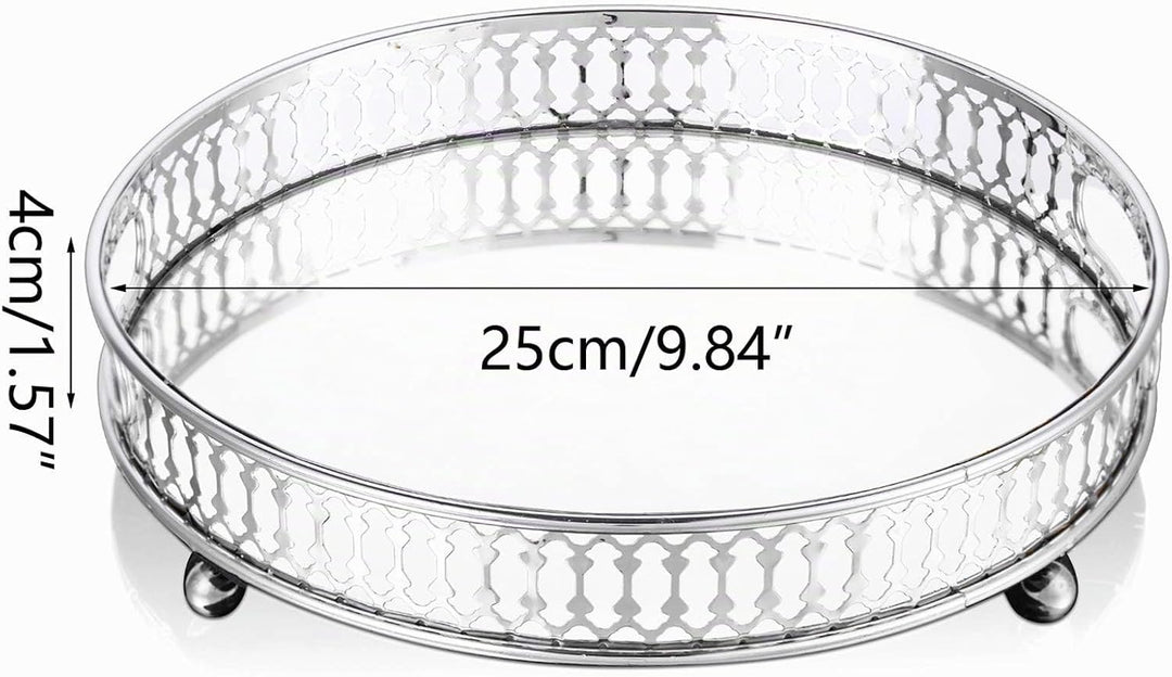 NUPTIO Spiegelglas Makeup Tablett 25cm Durchmesser, Silber Runde Deko Tablett Kerzenplatte Schmuck T