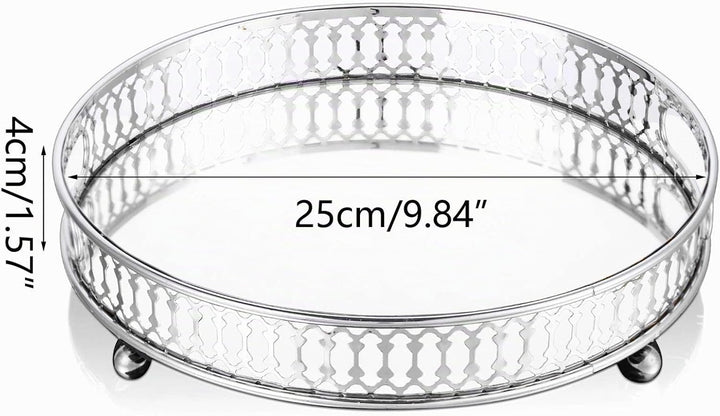 NUPTIO Spiegelglas Makeup Tablett 25cm Durchmesser, Silber Runde Deko Tablett Kerzenplatte Schmuck T