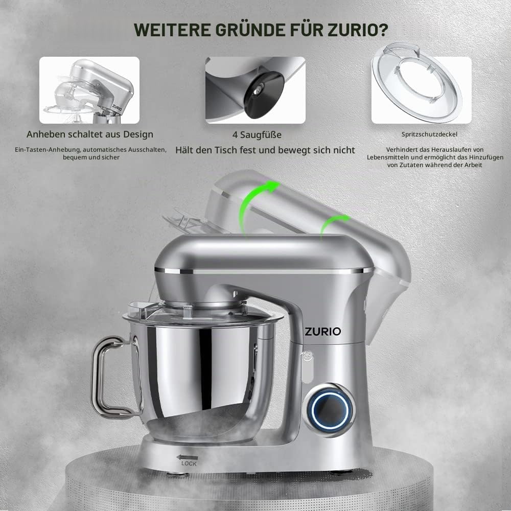 Küchenmaschine Rührmaschine 1300W Zurio 5.5L Knetmaschine Rührmaschine 10-Gang-Roboter-Knetmaschine
