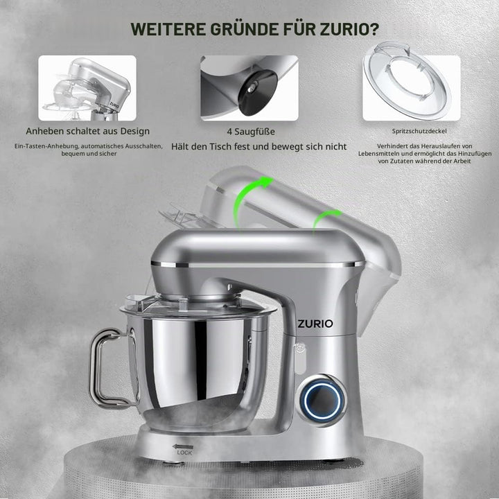 Küchenmaschine Rührmaschine 1300W Zurio 5.5L Knetmaschine Rührmaschine 10-Gang-Roboter-Knetmaschine