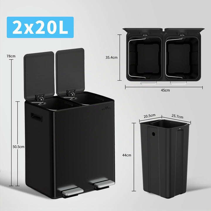 mVm Mülleimer Küche,40 Liter Treteimer,2 x 20 Liter Treteimer, 2 Fächer, Mülltrennsystem, Abfalleime