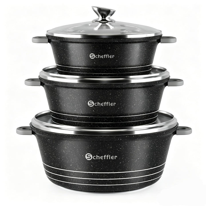 Scheffler Topfset mit Glasdeckel, 28cm,6L/32cm,10L, /36cm,14L, Kochtopf Set Induktions Töpfe Set, mi