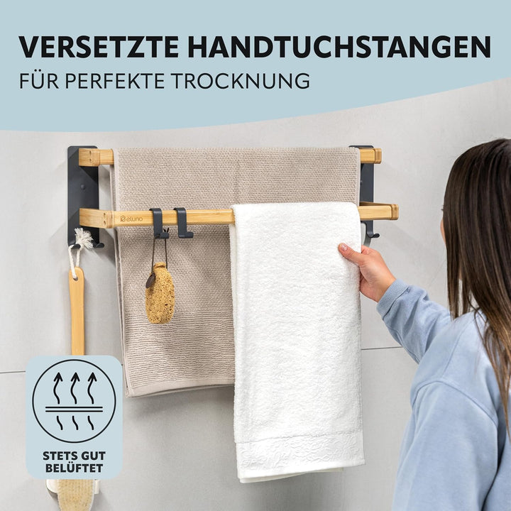eluno Handtuchhalter 60 cm mit 2 Handtuchstangen und 6 praktischen Haken - mit hochwertigem Klebeban