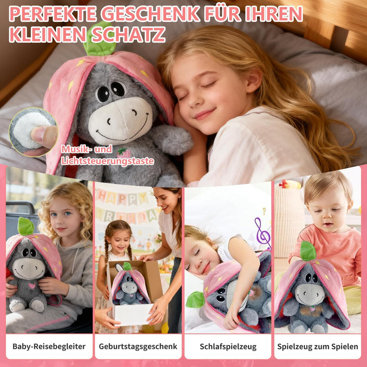 Aohcae Atmendes Kuscheltier Esel, Einschlafhilfe Babys Kuscheltier mit Musik und 4 Beruhigungsmodi,
