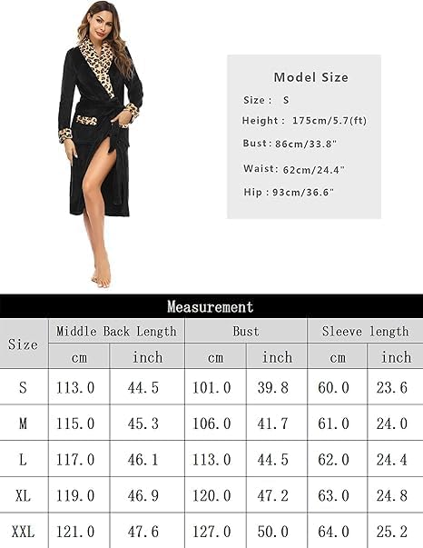 Marvmys Bademantel Damen Langarm Fleece Morgenmantel mit Leopardenmuster Schalkragen Frauen Flanell