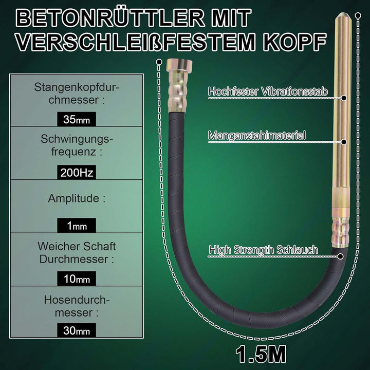 Akku Betonrüttler mit 4,0Ah-Akku, Bürstenlos Betonverdichter mit 1,5 m Schlauch, 35mm Rüttelflasche