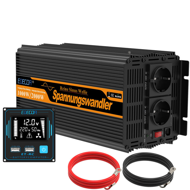EDECOA Wechselrichter 12v 230v Reiner Sinus Spannungswandler 1000w mit Neuer Fernbedienung 2X USB un
