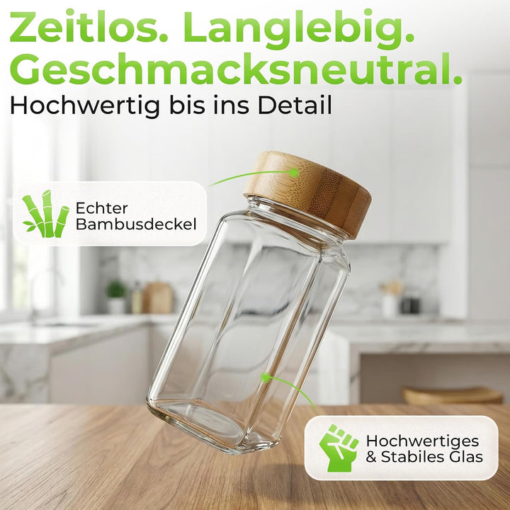 Gewürzgläser Set 24er, 120 ml, eckig mit Bambusdeckel &amp; Streueinsatz – inkl. Etiketten, Marker, Tric