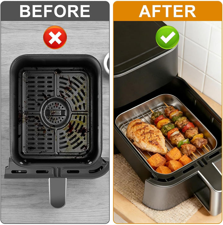 Edelstahl Auflaufform für Airfryer 20x15.3x5cm, Antihaft Backform mit Abtropfgitter & Hitzeschutzgri