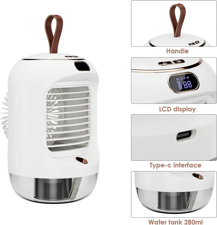Drehbar Mobile Klimageräte, Multifunktional USB Mini Air Cooler mit 3 Geschwindigkeiten, Nachtlicht,