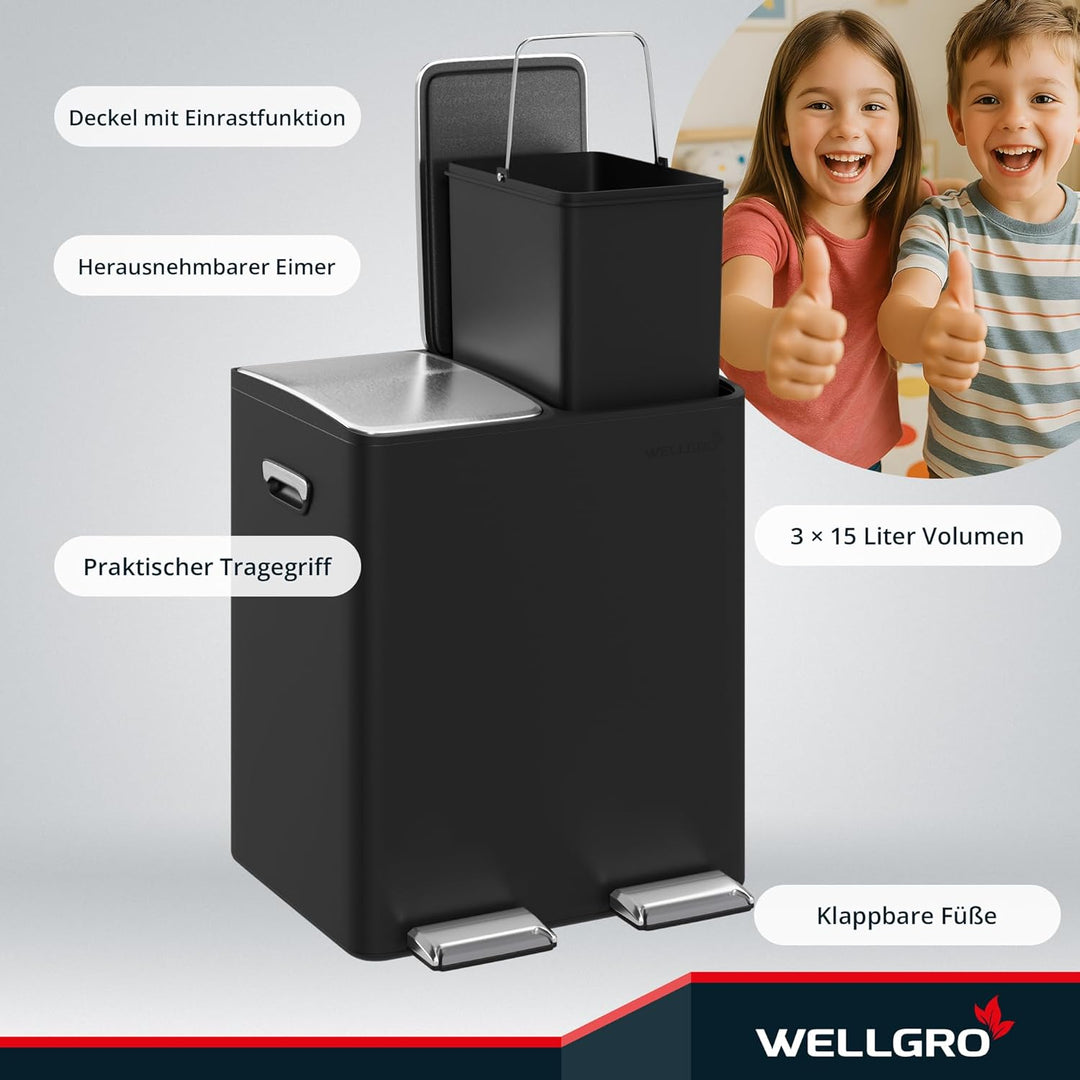 WELLGRO Mülleimer Küche 30 Liter – Edelstahl Treteimer 2x15 Liter schwarz mit Softclose-Deckel, Müll