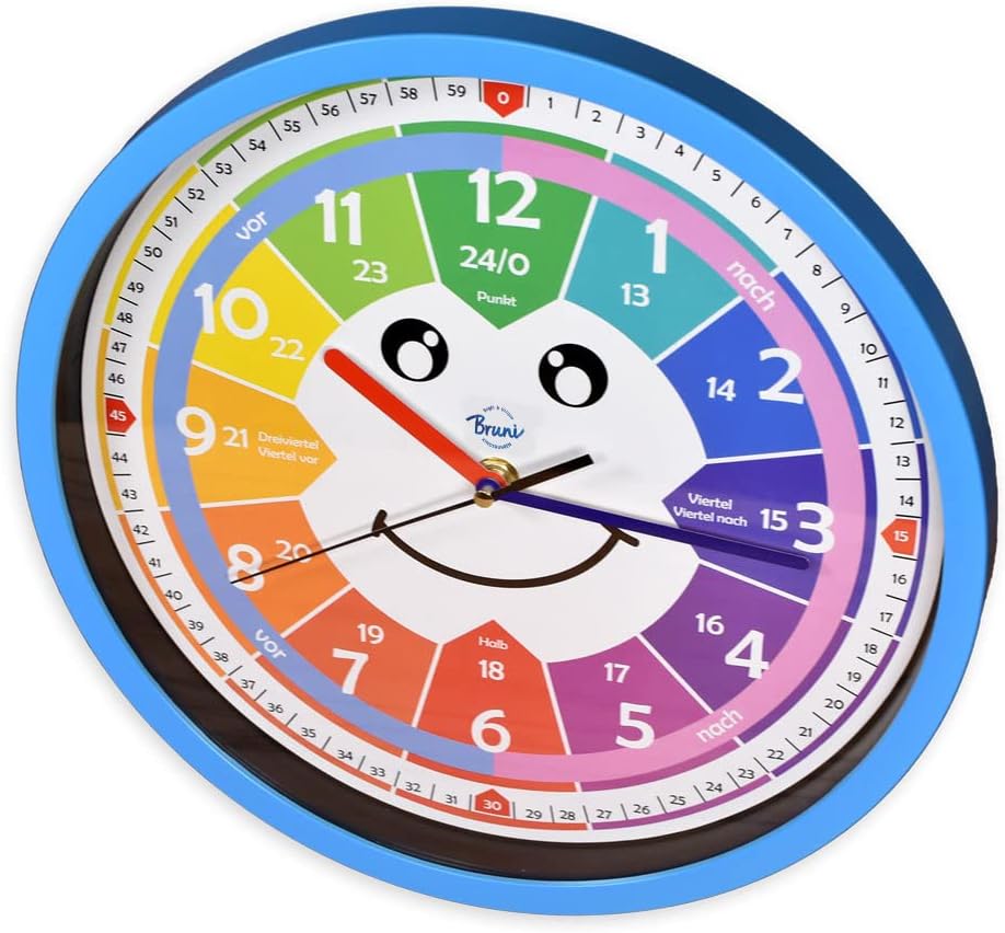 Bruni Kinderwanduhr ohne Tickgeräusche - Wanduhr zum Lernen für Kinder, als Uhr fürs Kinderzimmer ge