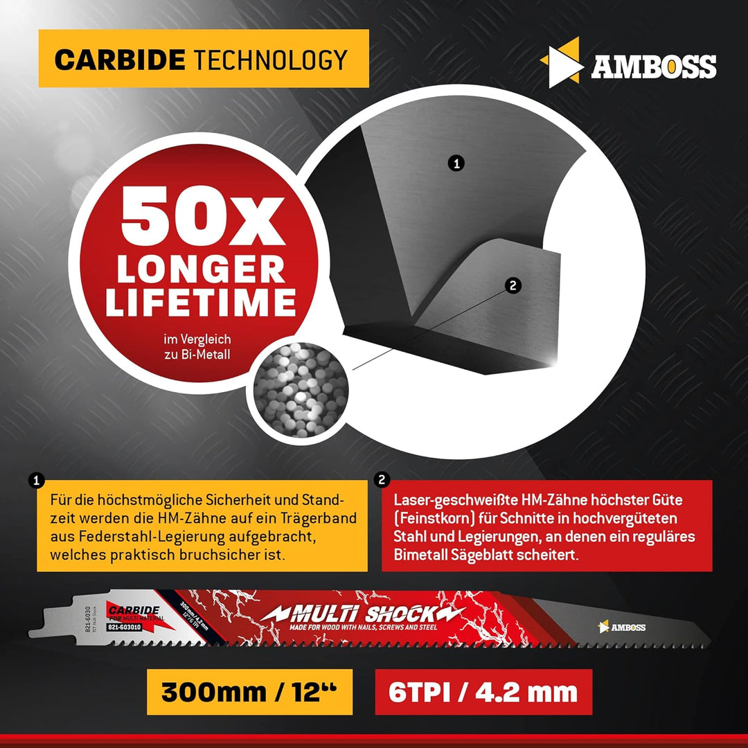 AMBOSS MULTI SHOCK - 3x Säbelsägeblatt Länge 300 mm / 6 ZpZ - ideal für Holz mit Nägeln und Holz mit
