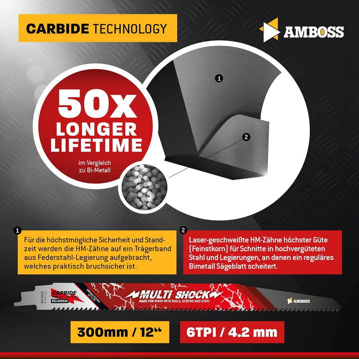 AMBOSS MULTI SHOCK - 3x Säbelsägeblatt Länge 300 mm / 6 ZpZ - ideal für Holz mit Nägeln und Holz mit