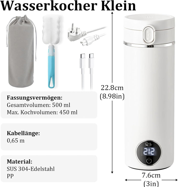 Tragbarer Reise-Wasserkocher 500 ml mit USB-C-Ladegerät, elektrischer Wasserkocher mit Tragegriff un