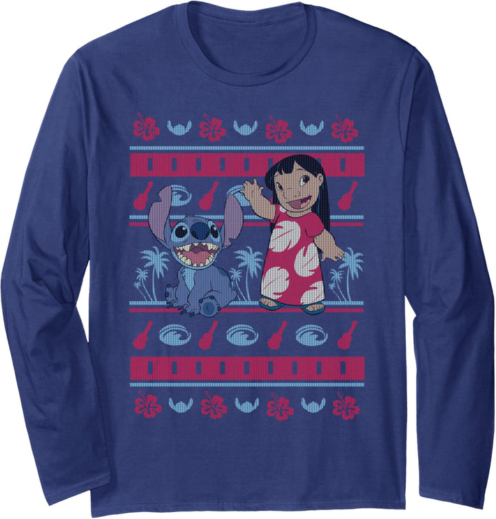 Disney Lilo & Stitch Christmas Hawaiian Print Sweater Style Langarmshirt
