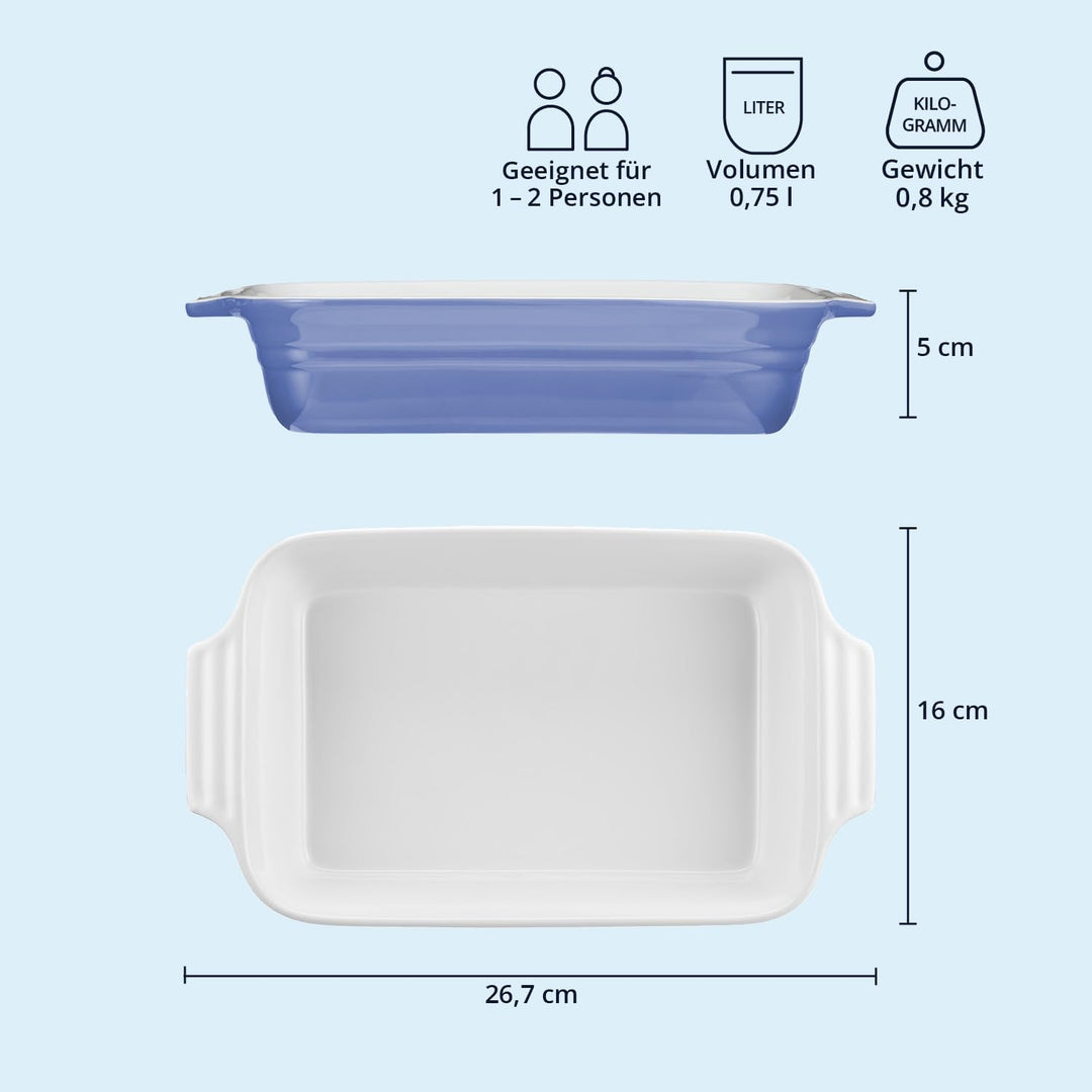 KHG Auflaufform mittelgross 26 cm, Kapazität 0,75 Liter in Hellblau für 1-2 Personen, Ofenform aus K