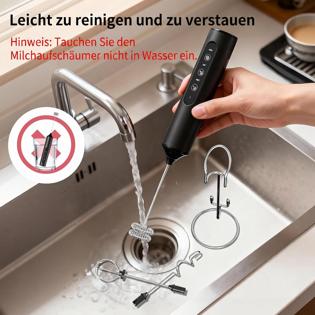 Wiederaufladbarer Hand-Milchaufschäumer mit Ständer, 3 variable Geschwindigkeiten, 3 Quirlaufsätze,