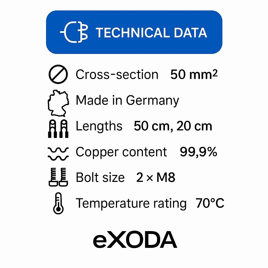 eXODA 50 mm² Kabel Set 50cm 20cm M8 Kabelschuhe Rot Schwarz Hochwertige Batteriekabel für Auto Boot