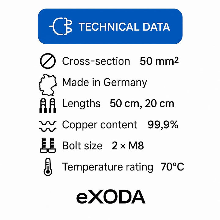 eXODA 50 mm² Kabel Set 50cm 20cm M8 Kabelschuhe Rot Schwarz Hochwertige Batteriekabel für Auto Boot