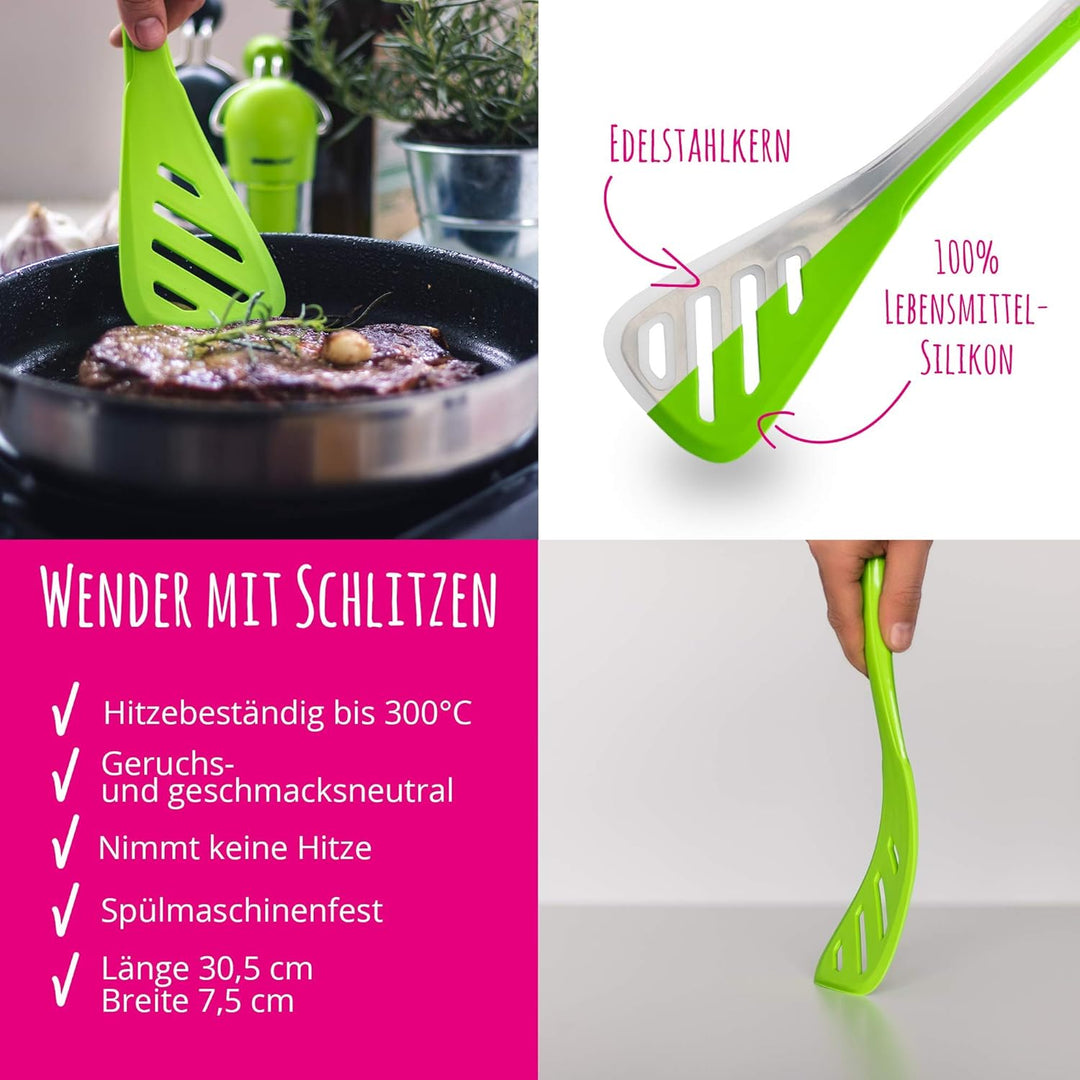 Kochblume Küchenhelfer-Set - Design-Schlitzwender L & Sossenlöffel L & Schöpfkelle L & Flexlöffel L