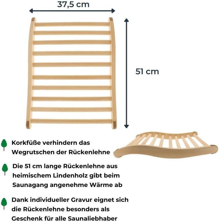 2X HOFMEISTER® Sauna Rückenlehne aus hochwertigem Linden-Holz, 51 cm, ergonomisch geformt, Made in E