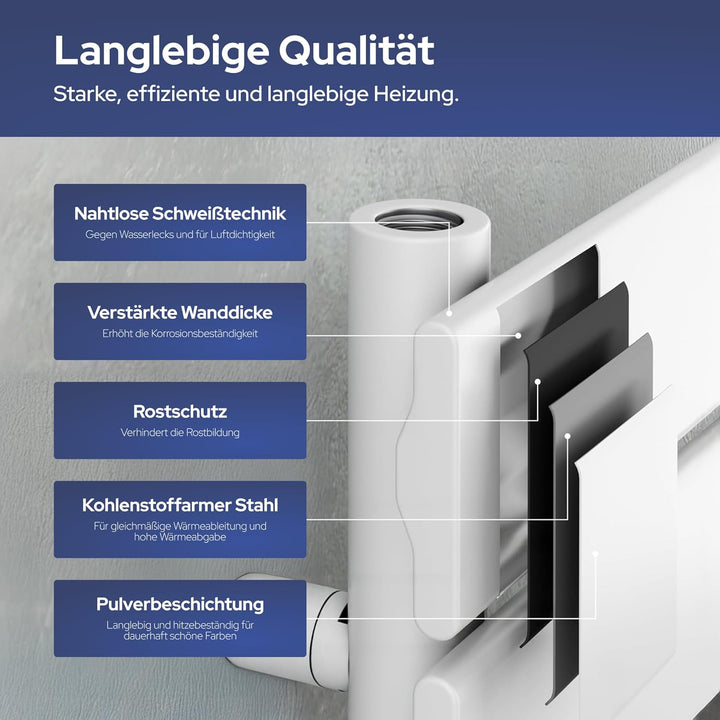 VILSTEIN Badheizkörper, Flach, Weiss, Seitenanschluss und Mittelanschluss, 800x450 mm 376W - 80 x 45