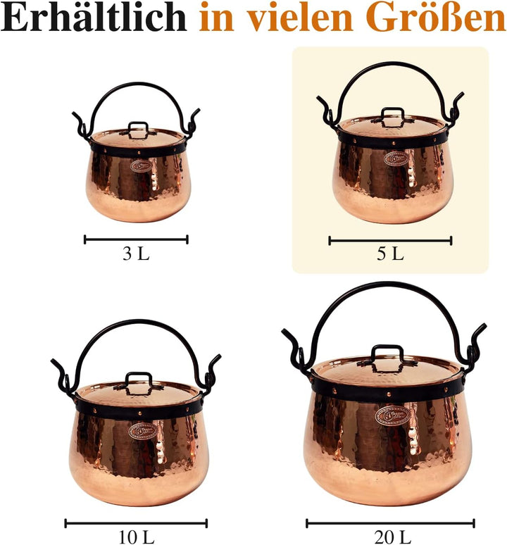 CopperGarden Kupferkessel 5 Liter I Hexenkessel mit Henkel &amp; Deckel I Handgeschmiedeter Kessel aus b