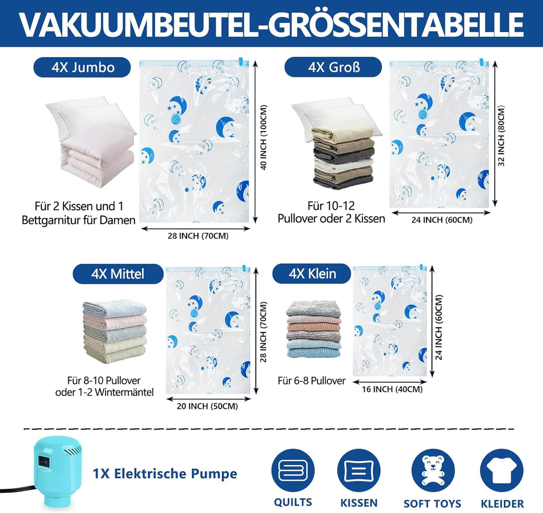 SZO Vakuumbeutel für Kleidung Bettdecken mit Elektrische Pumpe 16 Stück (4 Jumbo, 4 Gross, 4 Mittel,