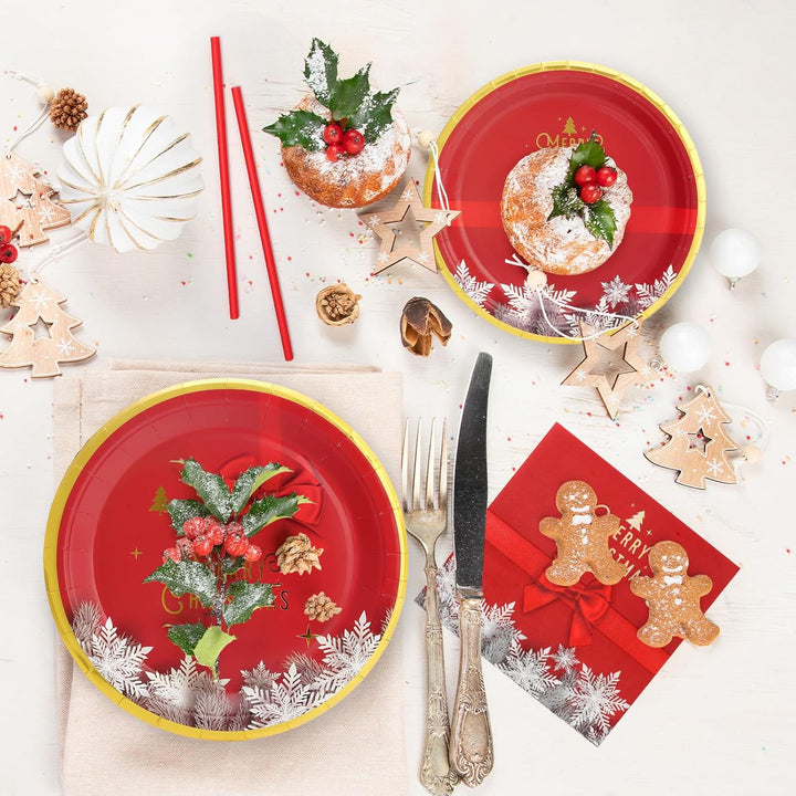 PARTY GO 96 Stück Pappteller Weihnachten, Partygeschirr Set Weihnachtsparty Pappteller Servietten Pa