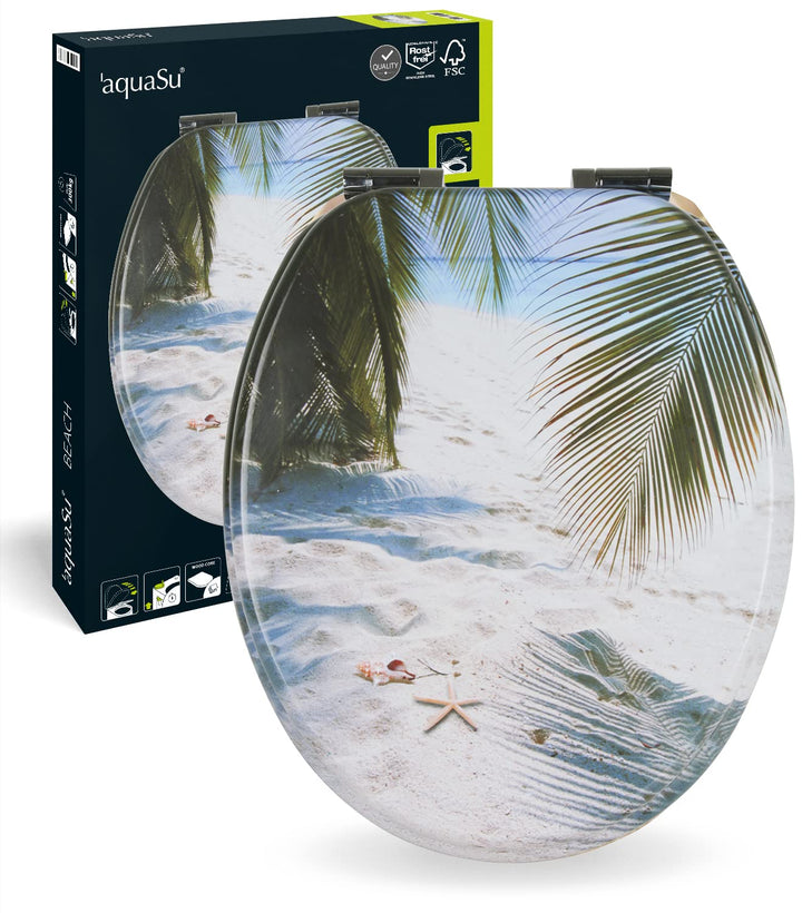 aquaSu® WC-Sitz mit Absenkautomatik, Maritim Dekor Beach, Toilettensitz mit Holz-Kern &amp; Fast-Fix Sch