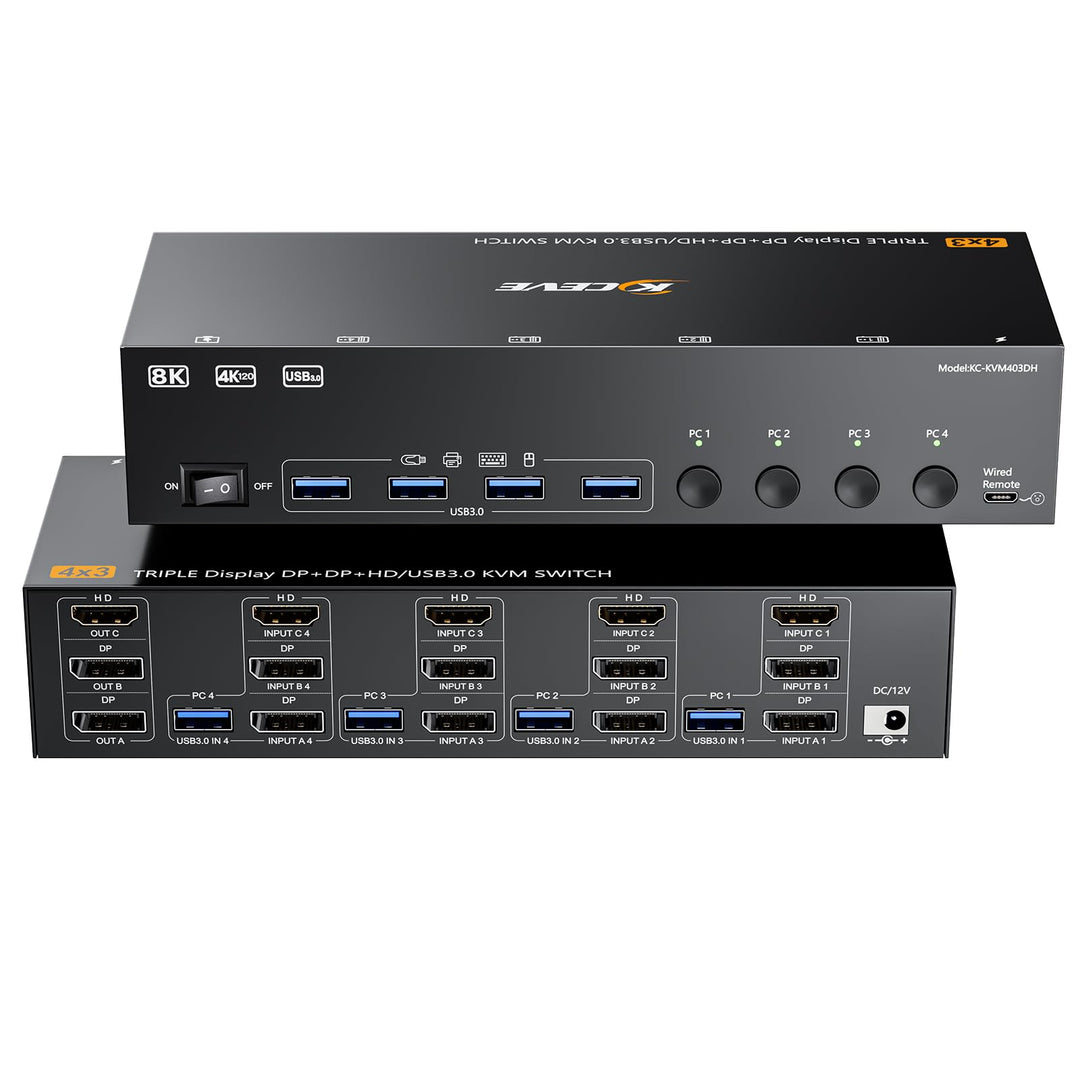 KVM Switch 3 Monitore 4 PC, 2 Displayport + 1 HDMI USB 3.0 KVM-Umschalter, unterstützt 4K@60 Hz für