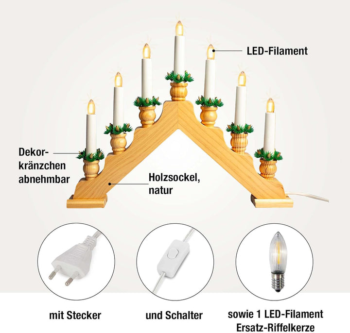 Hellum Schwibbogen Weihnachten für innen, Fensterbeleuchtung Weihnachten, 39x34cm naturfarben mit 7