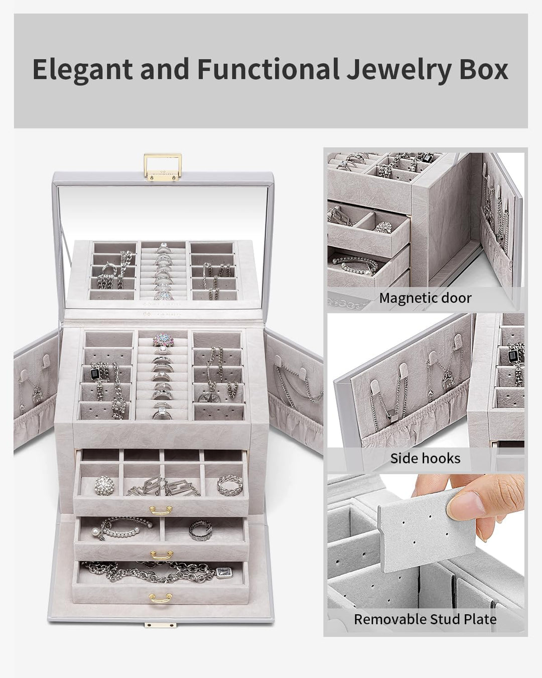 Vlando Schmuckkasten Jewelry Box mit 4 Ebenen, Schmuckschatulle Gross PU Leder, Schmuckkästchen mit