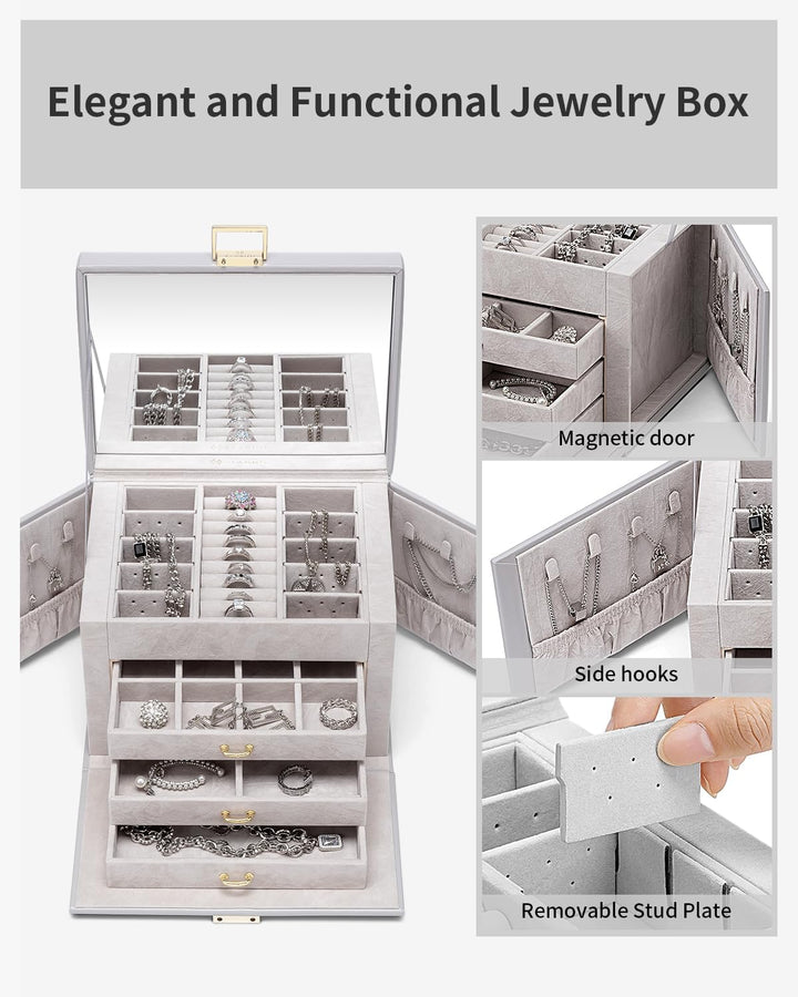 Vlando Schmuckkasten Jewelry Box mit 4 Ebenen, Schmuckschatulle Gross PU Leder, Schmuckkästchen mit