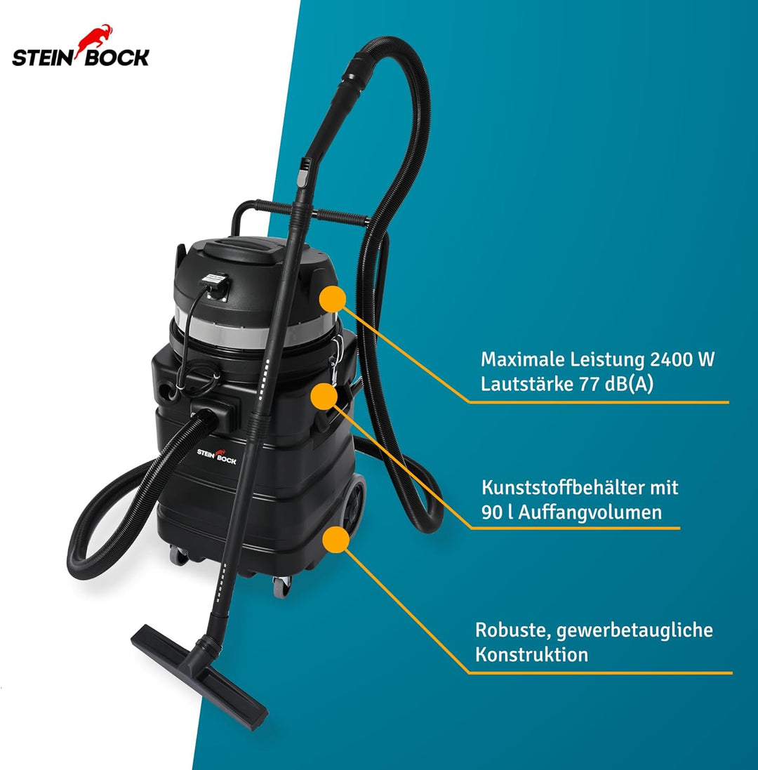 Steinbock Pumpsauger | 2.400 Watt | 90 l Kunststoffbehälter | Nasssauger mit integrierter Tauchpumpe