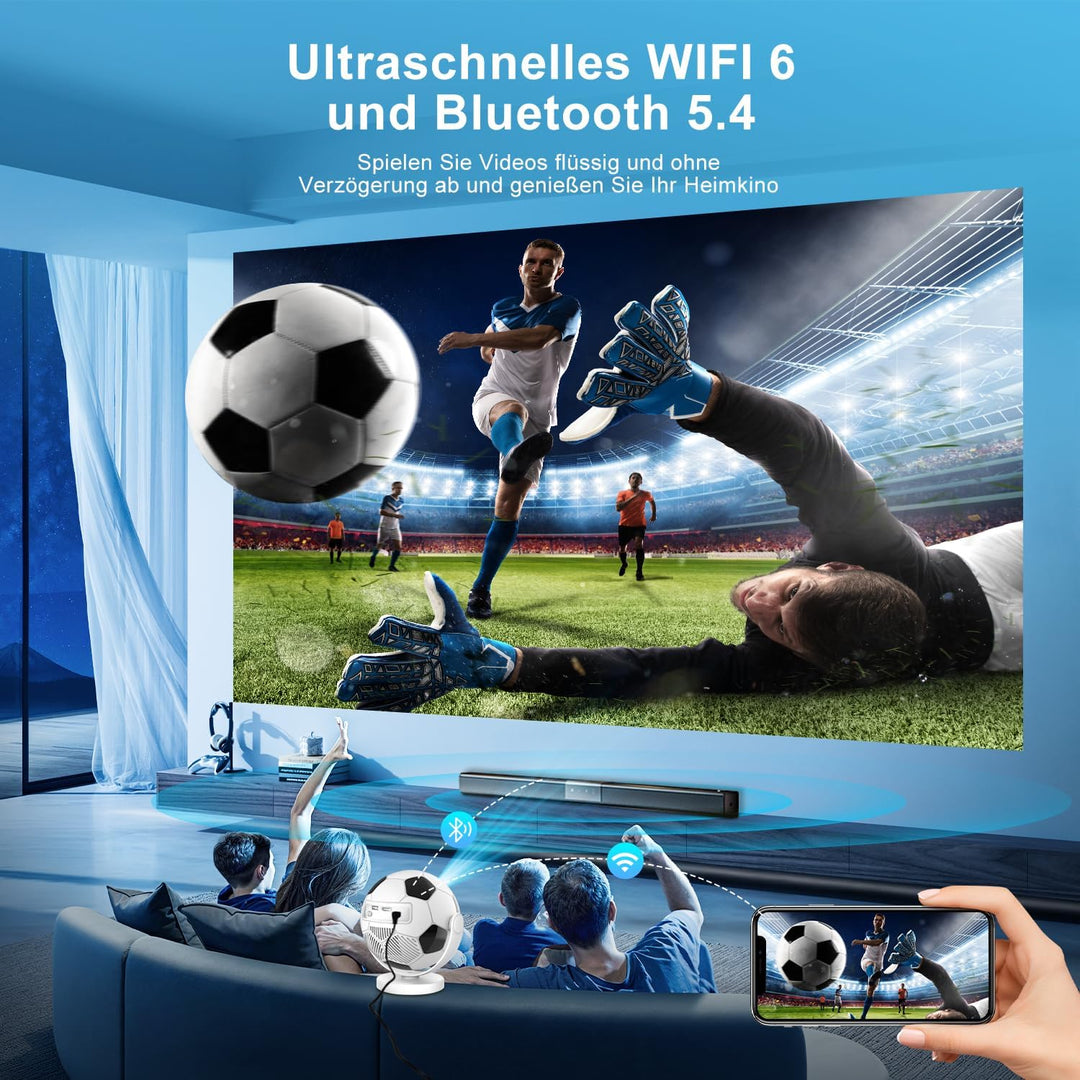 Mini Beamer Unterstützt 4K 2026,Smart Beamer Android 14,360° Fussball-Motiv,Smart Projektor Tragbare