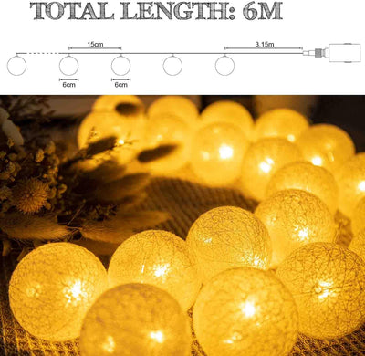 Liyade lichterkette innen, Cotton Ball Lichterkette, 6M 20LED Kugel Lichterketten mit Stecker, 8 Mod