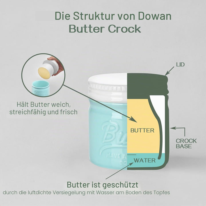 DOWAN Butterdose Keramik, Französische Butterdose mit Deckel, Wassergekühlte Butterdose mit Wasserli
