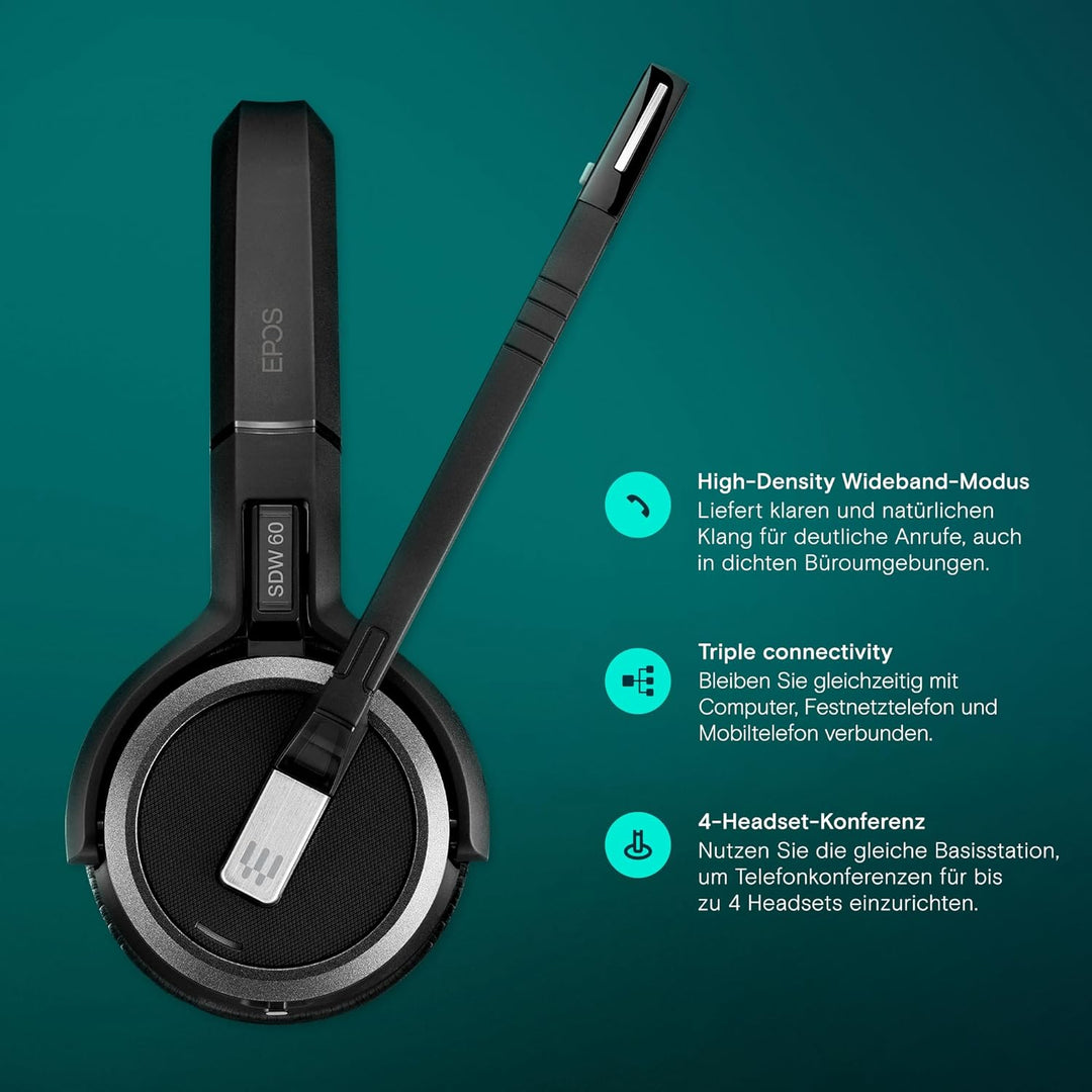 EPOS Impact SDW 60 HS - Hochwertiges DECT Wireless Headset, Geräuschunterdrückung, UC-Optimiert, Mul