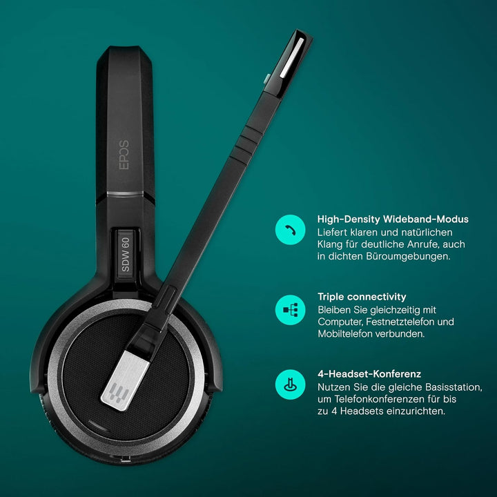 EPOS Impact SDW 60 HS - Hochwertiges DECT Wireless Headset, Geräuschunterdrückung, UC-Optimiert, Mul