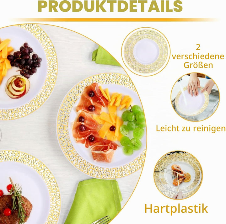 AKOLAFE 50 Weisse Plastikteller mit Goldrand, 2 Grössen Mehrweg Kunststoffteller 19cm und 26cm Stabi