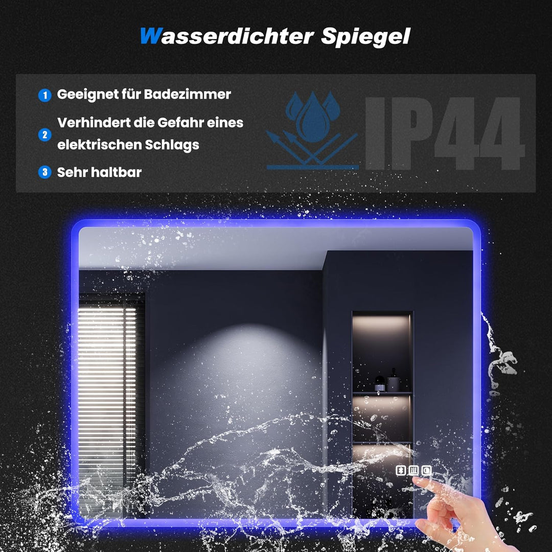 SONNI Badspiegel mit Beleuchtung 70x50 cm, LED Spiegel mit Bluetooth und Touch-Schalter, Dimmbar, Be