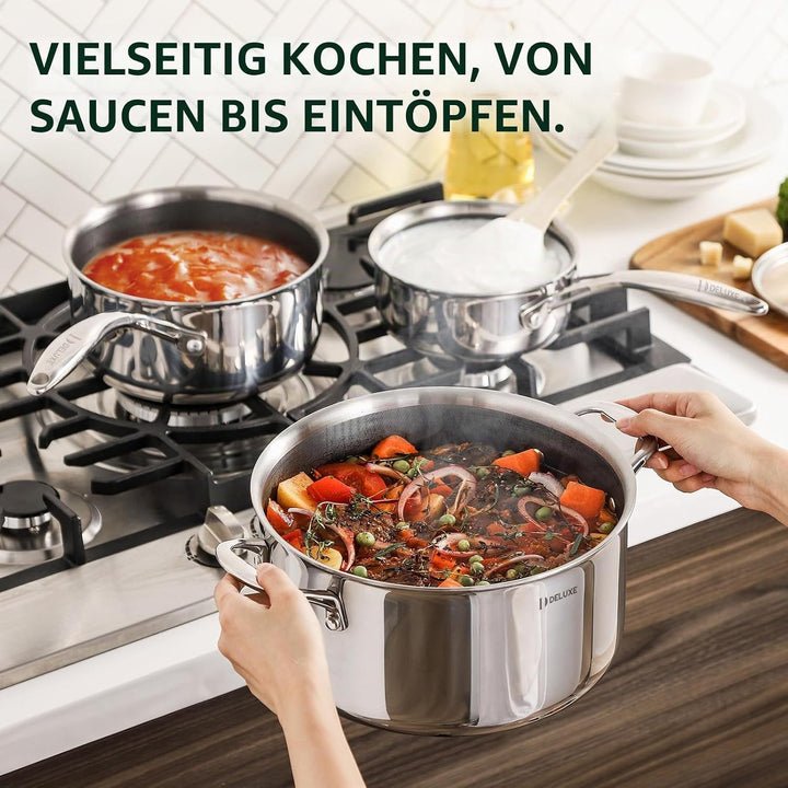 DELUXE Hybrid-Antihaft-Topf-Set, 6-teilig,Töpfe mit Deckel aus gehärtetem Glas, kühlbleibende Griffe