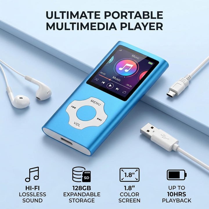 1,8 Zoll Farbbildschirm MP3 MP4 Player, Verlustfreier HiFi Sound, Unterstützt 128 GB TF Karte, Sprac