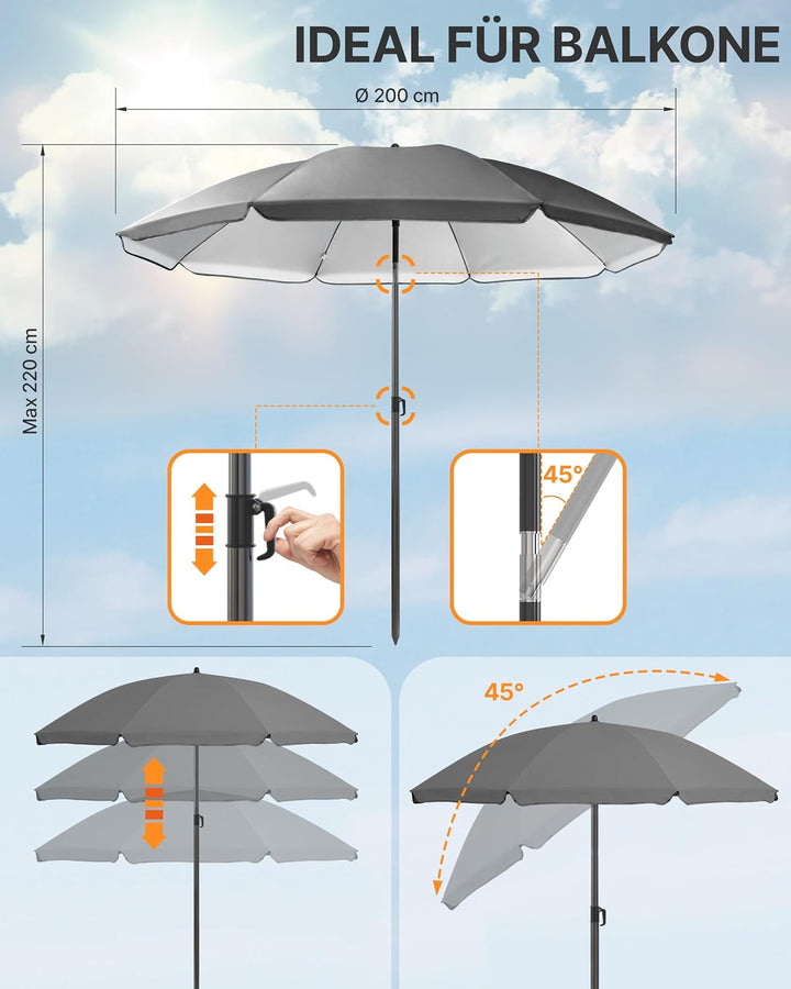 4smile Sonnenschirm Strand Ø 200 cm, Anthrazit, Sonnenschirm Balkon | Strandschirm windfest stabil,