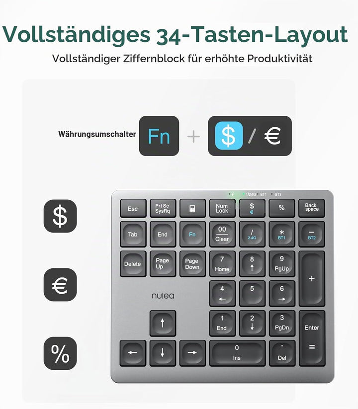 Nulea Kabelloses tragbares Ziffernblatt mit Bluetooth 5.0, wiederaufladbar über USB-C, 34-Tasten-Blu