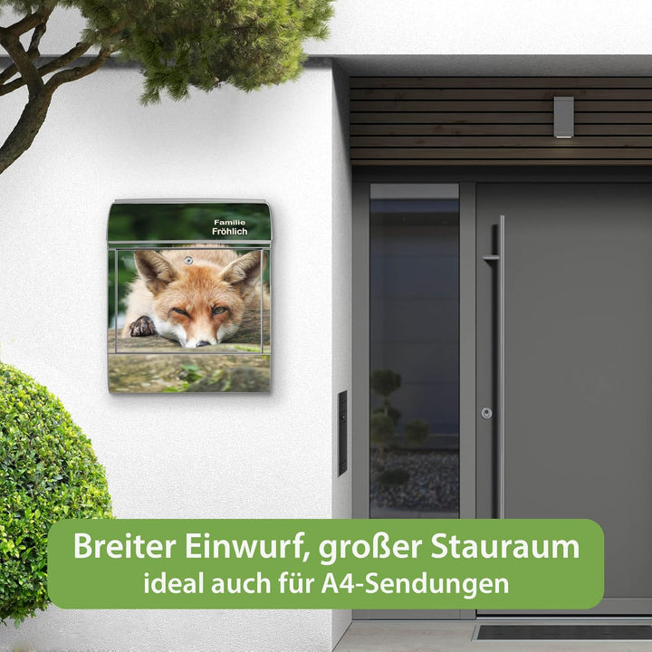 banjado® Design Briefkasten personalisiert mit Motiv Fuchs Relax 39x47x14cm & 2 Schlüssel - Briefkas