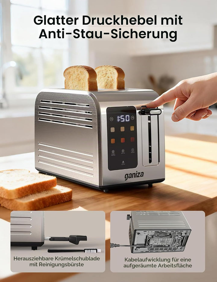 Ganiza Smart Toaster 2 Scheiben, Toaster Edelstahl mit Touchscreen, digitaler Timer, 6 Bräunungsstuf