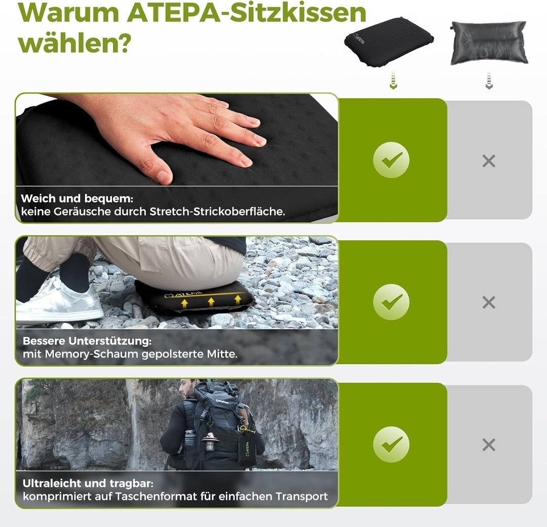 ATEPA Sitzkissen Outdoor, Faltbar Aufblasbar Stadion Flugzeug Unterwegs Camping Wander Bürostuhl Ult
